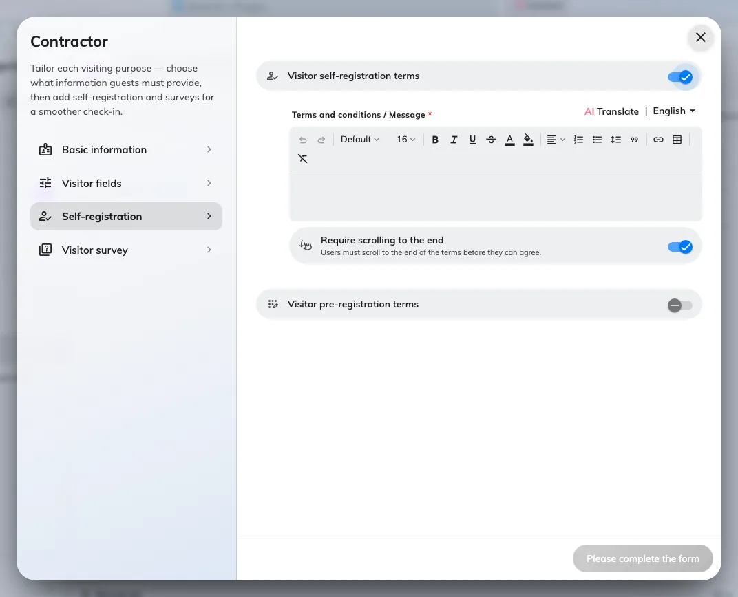 Self-registration terms switched on, with the editor and the scroll rule underneath.