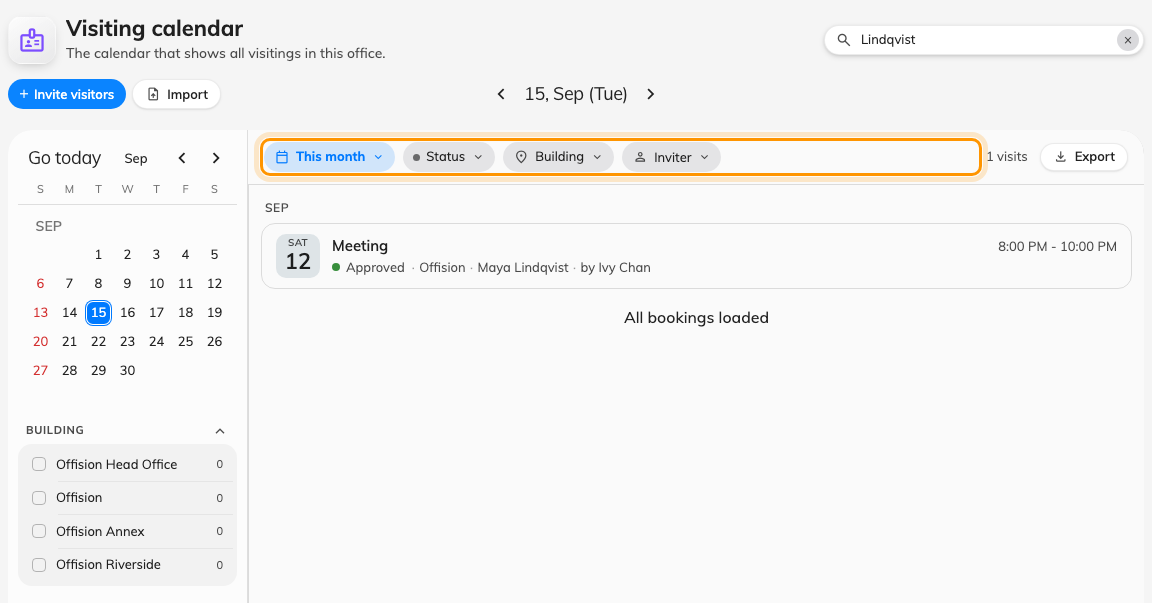 The same search and export for visits