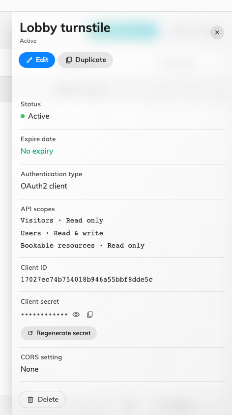 Client id and secret, with the action that mints a new secret.