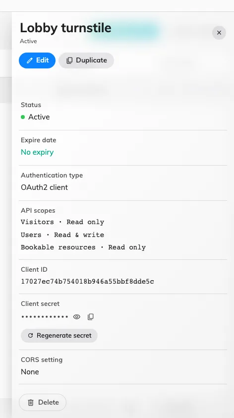 Client id and secret, with the action that mints a new secret.