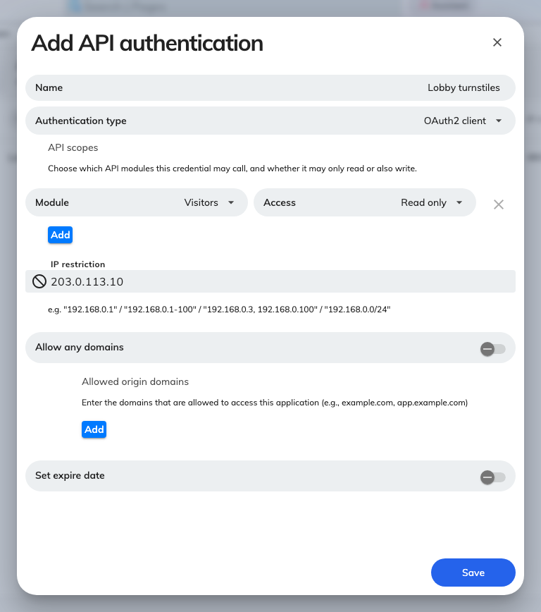 A new credential, with its API scopes and IP restriction.