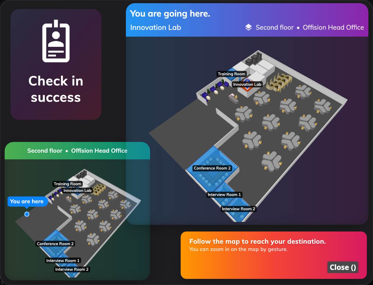 The destination, on a lobby screen: the room and its floor, that room lit up on the plan, and an inset map pinning where the guest is standing now.