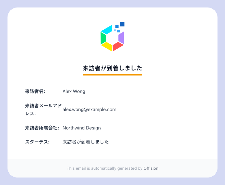 到着メールには来訪者の名前、アドレス、会社名と「来訪者が到着しました」が載ります。ルーム名はありません。