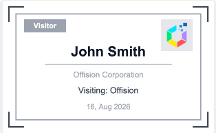 A badge: the visitor role (1), their name (2), their company (3), your logo (4).