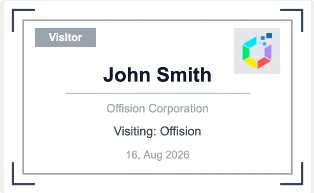 A badge: the visitor role (1), their name (2), their company (3), your logo (4).