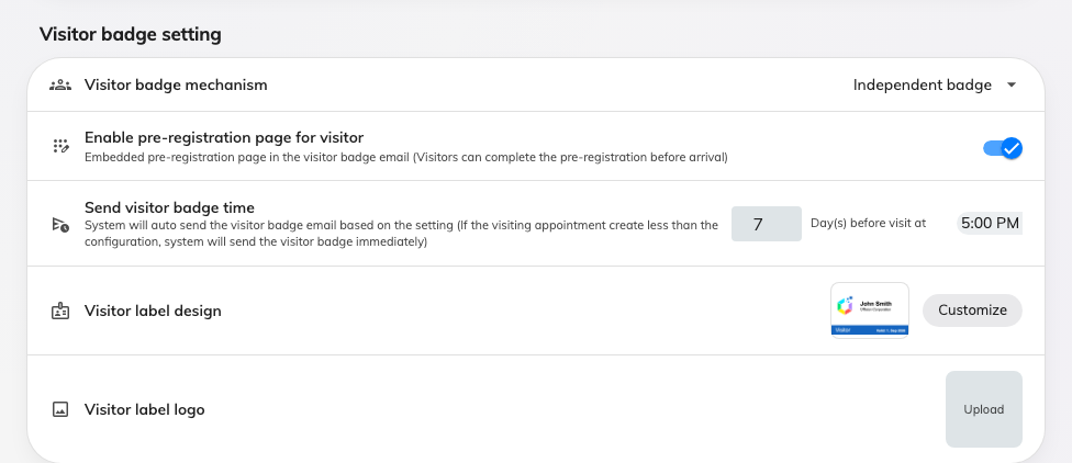 The badge card on Visitor management: the mechanism, pre-registration, when the email goes out, and the label design.