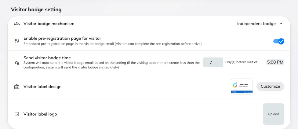 The badge card on Visitor management: the mechanism, pre-registration, when the email goes out, and the label design.