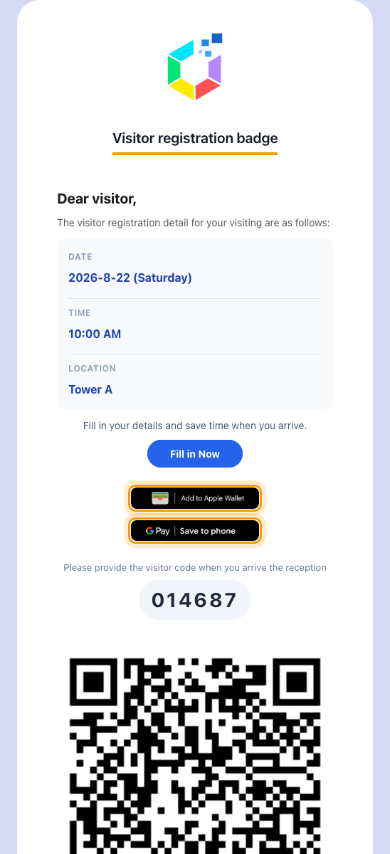 The badge email, with both wallet buttons above the visitor code.