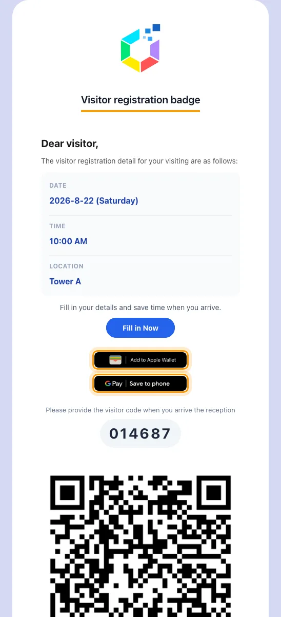 The badge email, with both wallet buttons above the visitor code.