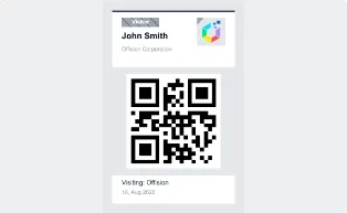 Another design, carrying the QR code the visitor scans at the lobby.