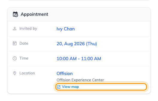 A visitor's badge. View map opens the pin, not a text search for the address.