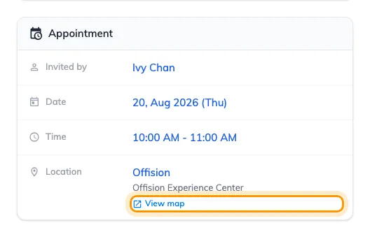 A visitor's badge. View map opens the pin, not a text search for the address.