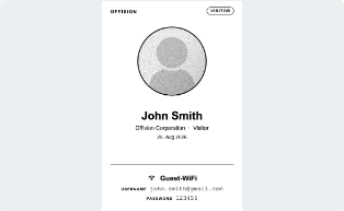 The WiFi block on the badge: network, username, password.