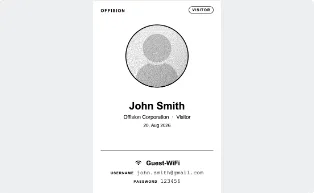 The badge as it prints — the Wi-Fi block carries the code for this visit alone.