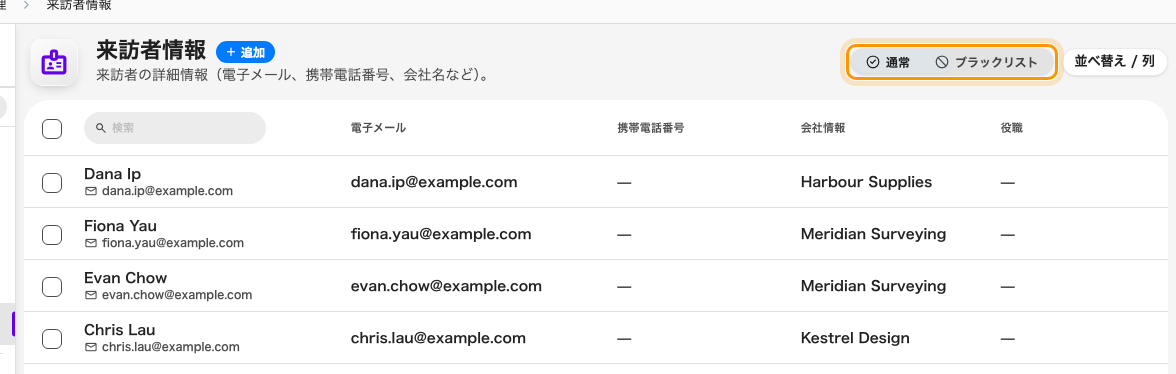 来訪者情報。ブラックリストは列ではなく別のビューで、印の付いた人は通常には現れません。