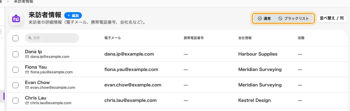 来訪者情報。ブラックリストは列ではなく別のビューで、印の付いた人は通常には現れません。