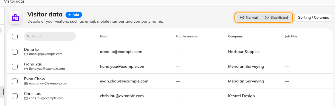 Visitor data. Blacklisted is a separate view, not a column — a listed person is not in Normal at all.