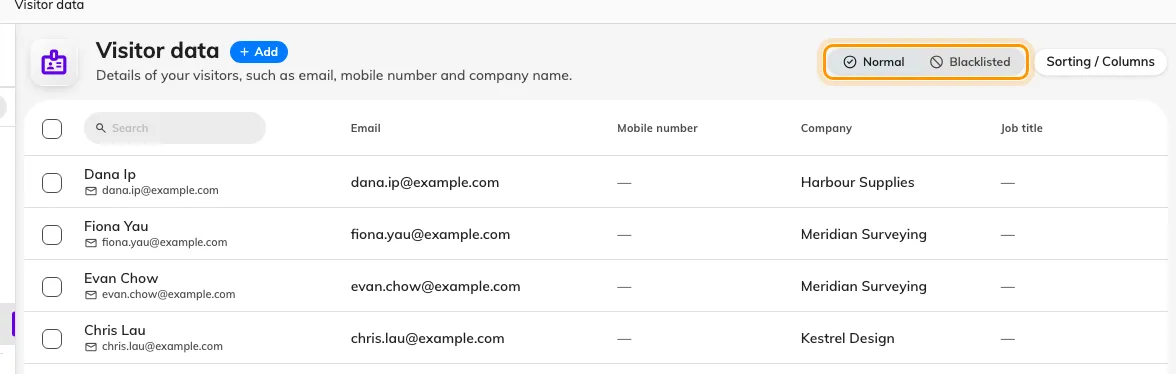 Visitor data. Blacklisted is a separate view, not a column — a listed person is not in Normal at all.