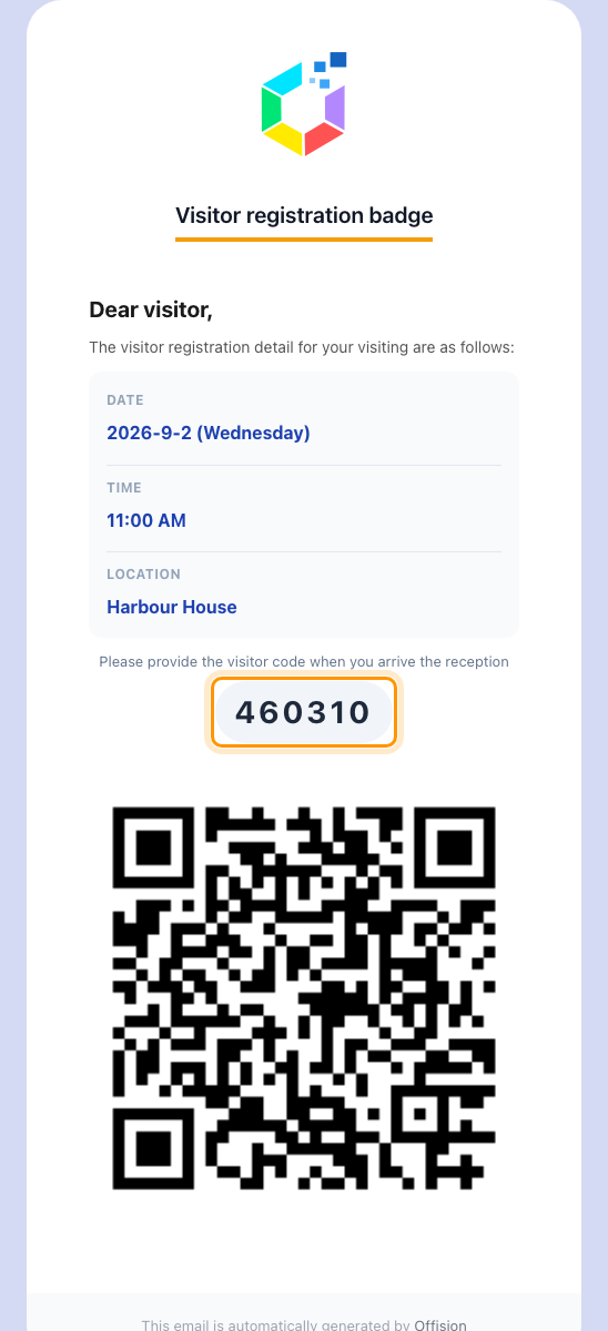 The badge email as most visitors get it: the visitor code, then the QR.