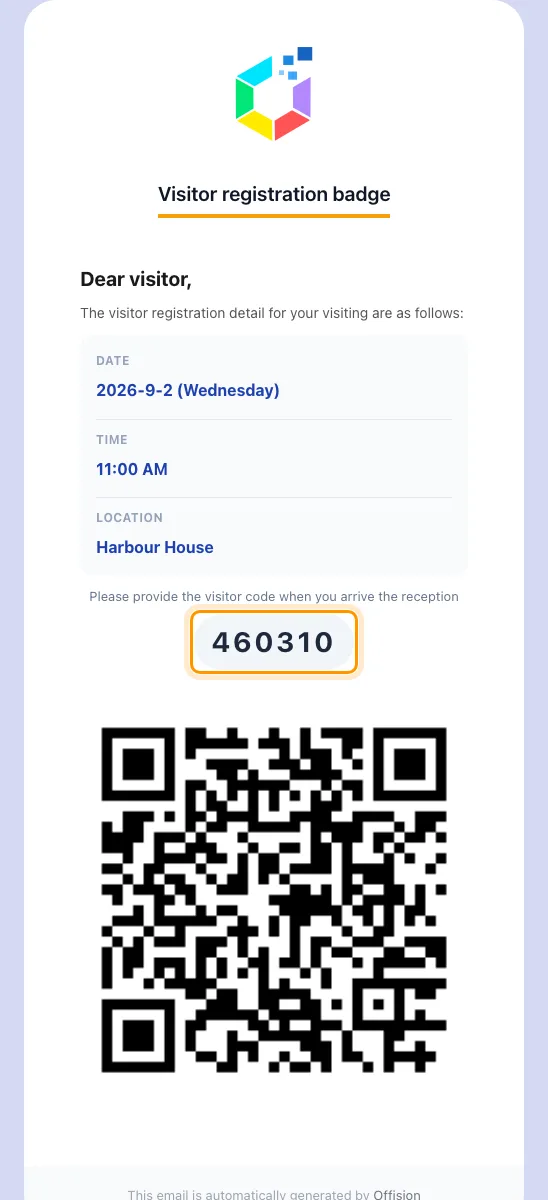 The badge email as most visitors get it: the visitor code, then the QR.