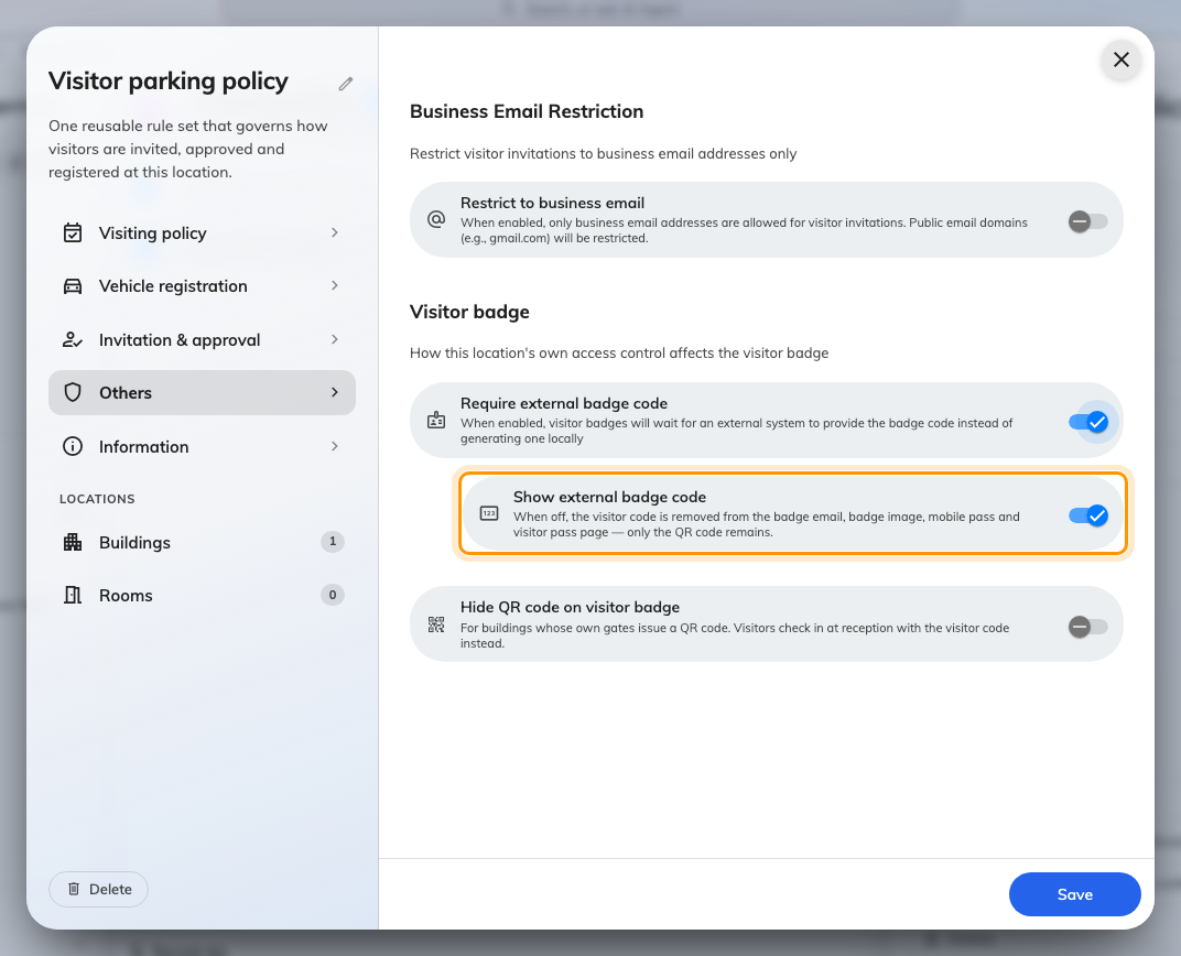 The visitor badge group on a policy's Others page. Show external badge code appears once Require external badge code is on.
