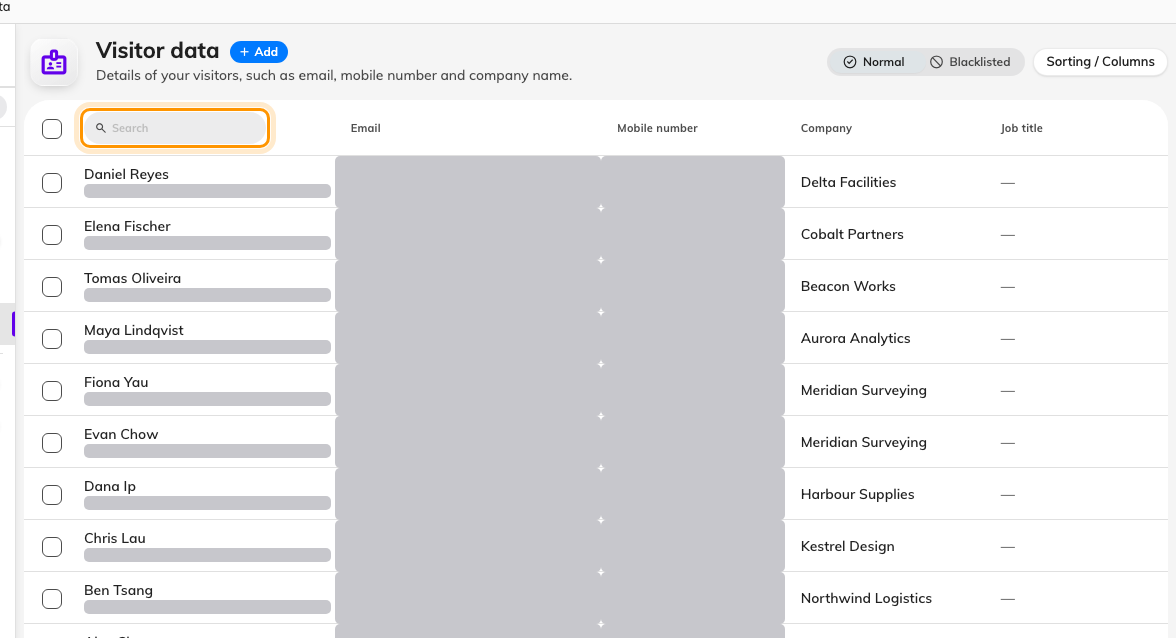 Visitor data, with the one search box in the Name column header.