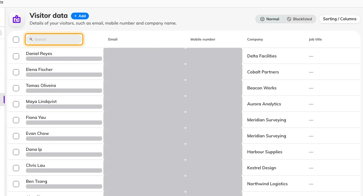 Visitor data, with the one search box in the Name column header.
