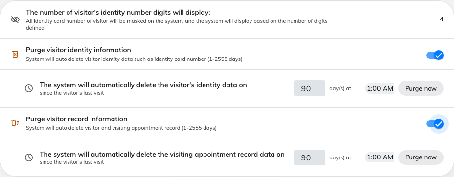 The Data protection card: the mask length, then each purge with its own day count, time of day and Purge now.