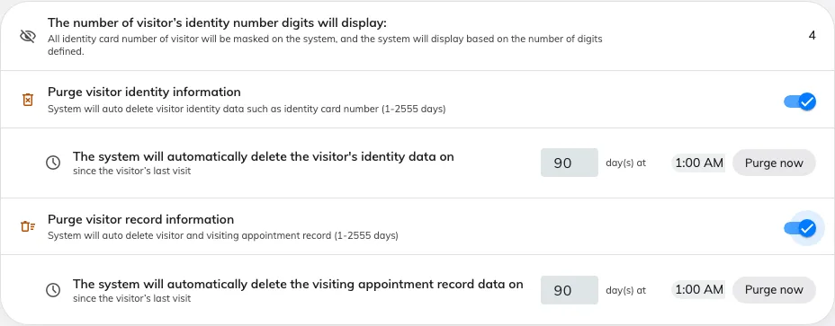 The Data protection card: the mask length, then each purge with its own day count, time of day and Purge now.