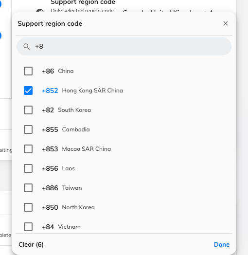 The country picker, narrowed by typing a code. Ticked rows are already accepted.