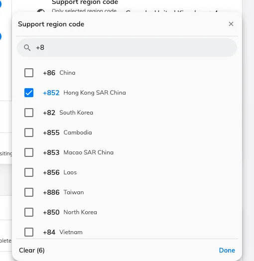 The country picker, narrowed by typing a code. Ticked rows are already accepted.