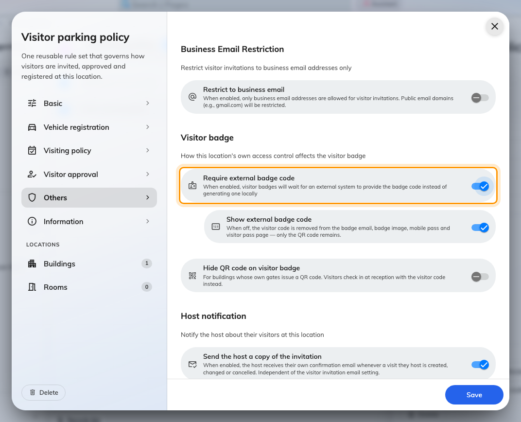 The visitor badge settings on a visiting policy.