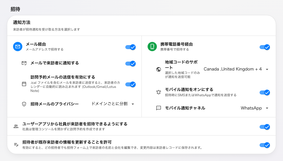 招待のカード。2つの通知経路と、その下に誰が招待できるか。