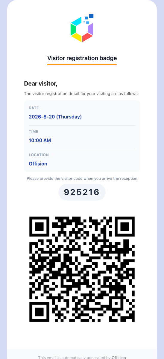 The visitor pass: when and where to come, the registration code, and the QR code reception scans.