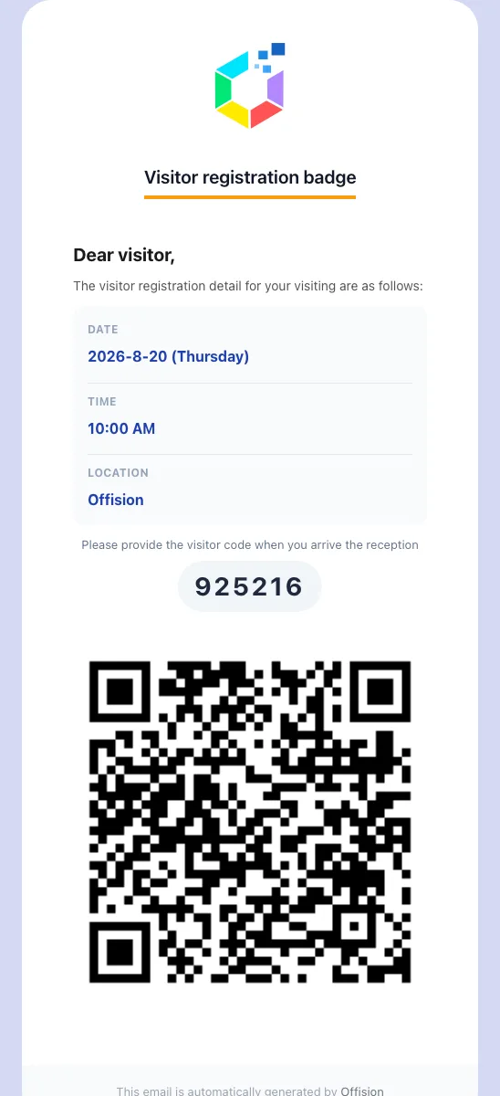 The visitor pass: when and where to come, the registration code, and the QR code reception scans.