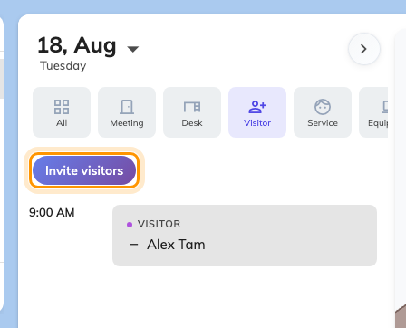 The Visitor filter: the day's visitors, and the button that starts a new invitation.