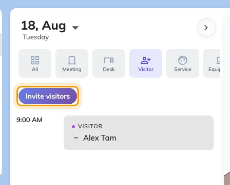 The Visitor filter: the day's visitors, and the button that starts a new invitation.