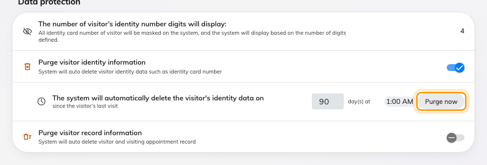 Data protection in Visitor management settings, with Purge now on each schedule.
