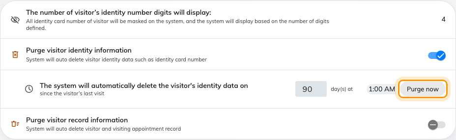 Data protection on Visiting › Settings, with the two purge switches ringed.
