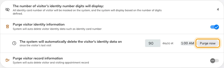 Data protection on Visiting › Settings, with the two purge switches ringed.