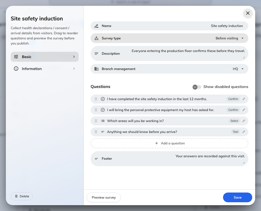A survey, its type, and the questions under it.