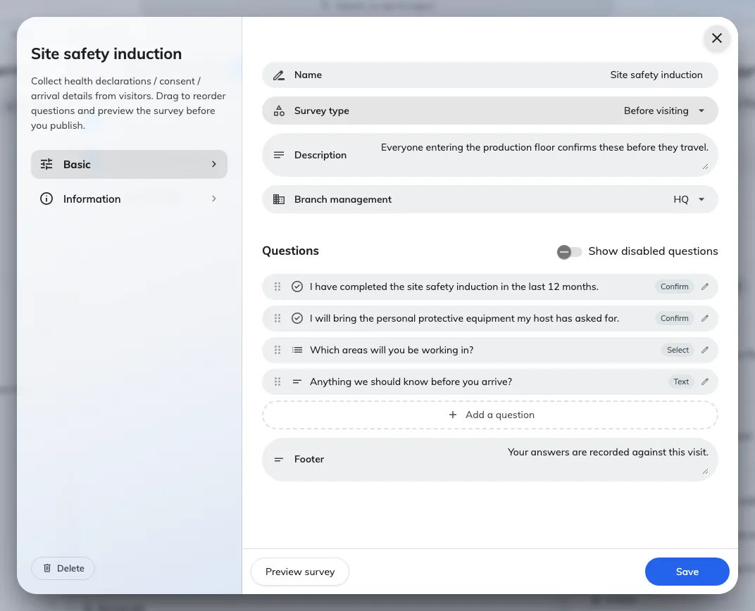 A survey, its type, and the questions under it.