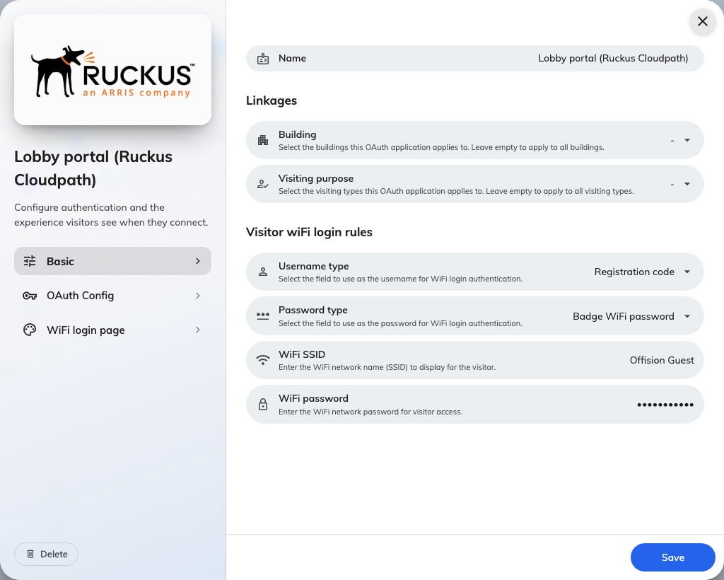 Basic: who the entry applies to, and which visitor fields become the username and password.