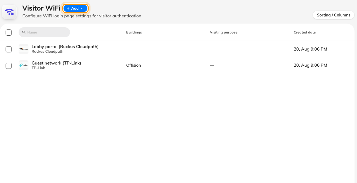 The Visitor WiFi page — one row per guest network.