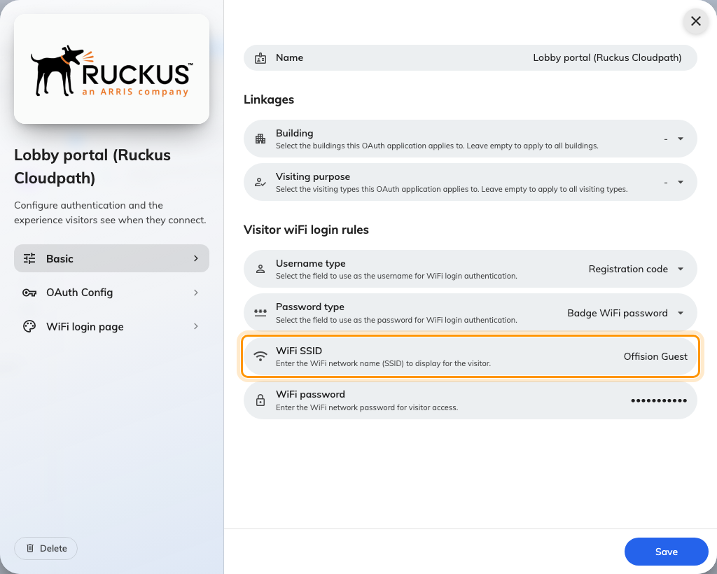 A Ruckus Cloudpath entry's Basic page — this mode has the WiFi SSID field.