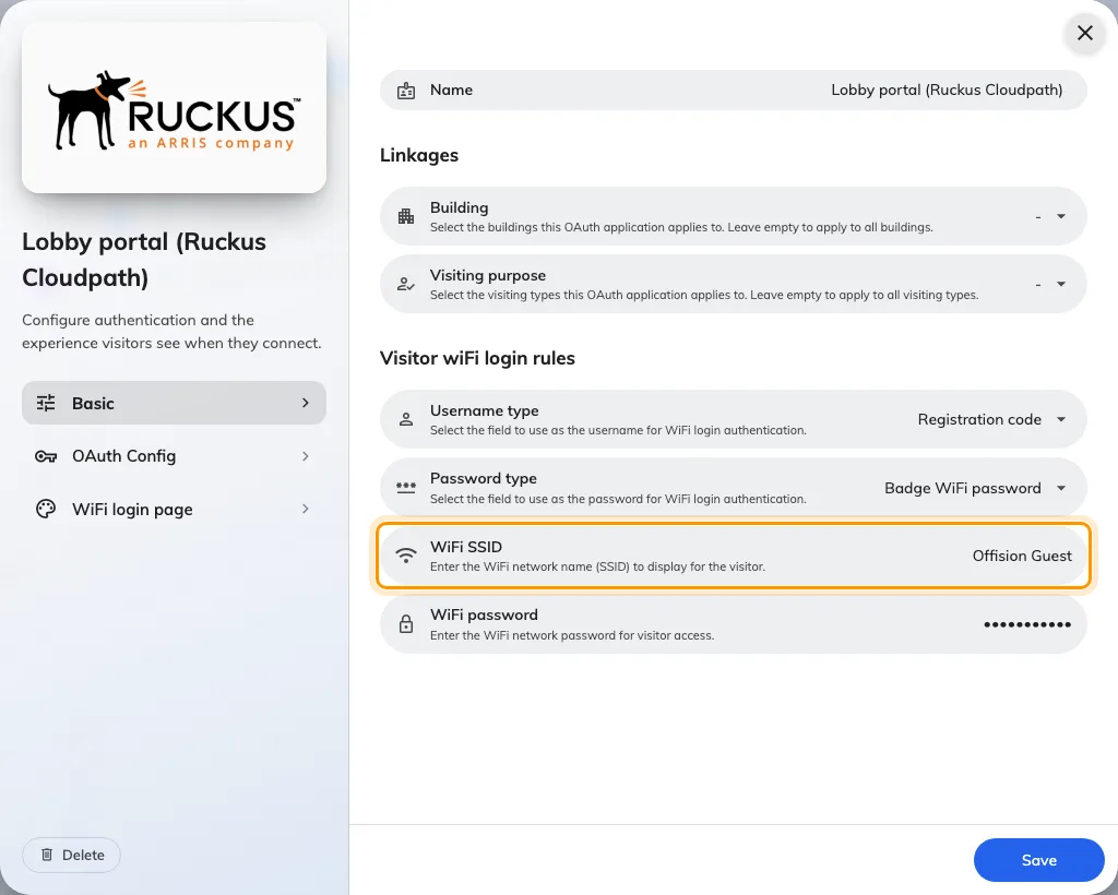 A Ruckus Cloudpath entry's Basic page — this mode has the WiFi SSID field.