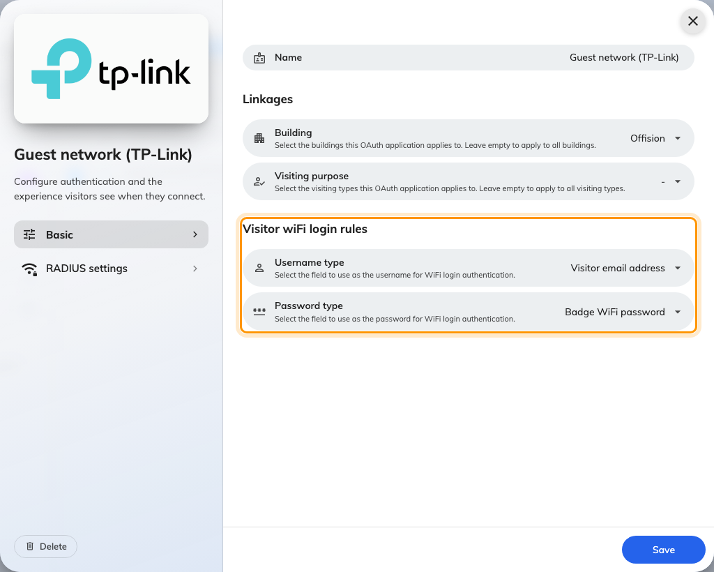 A RADIUS entry's Basic page — the sign-in rules, and no network-name field.
