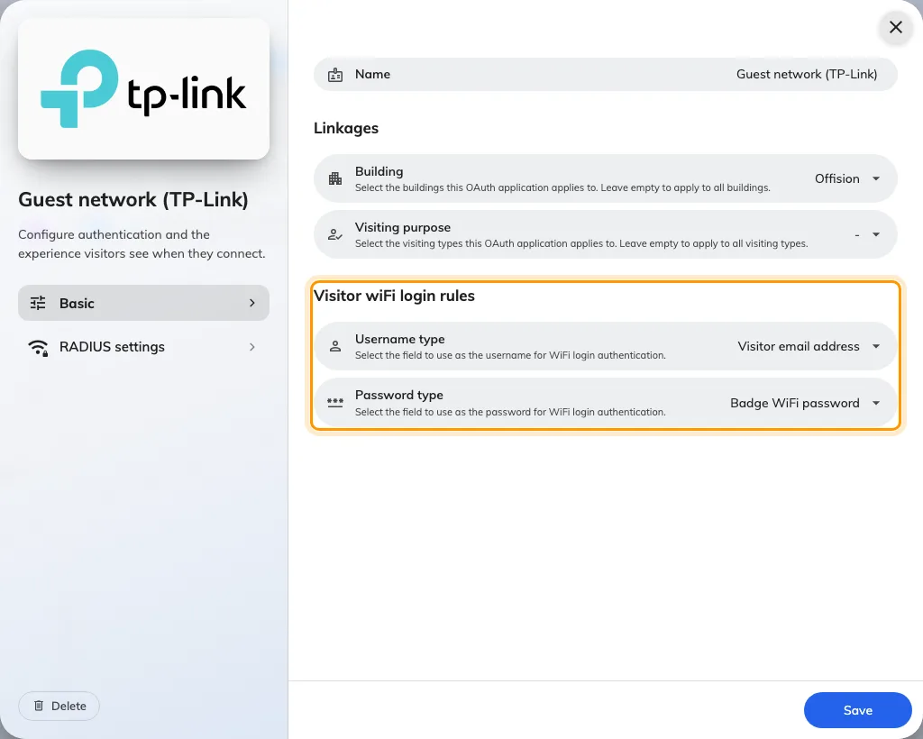 An entry's sign-in rules — the Username type and Password type a visitor is checked on.