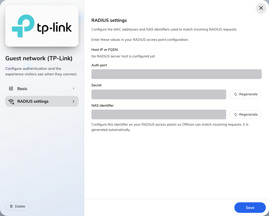 RADIUS settings, on an entry whose provider uses them. Values masked — yours are your own.