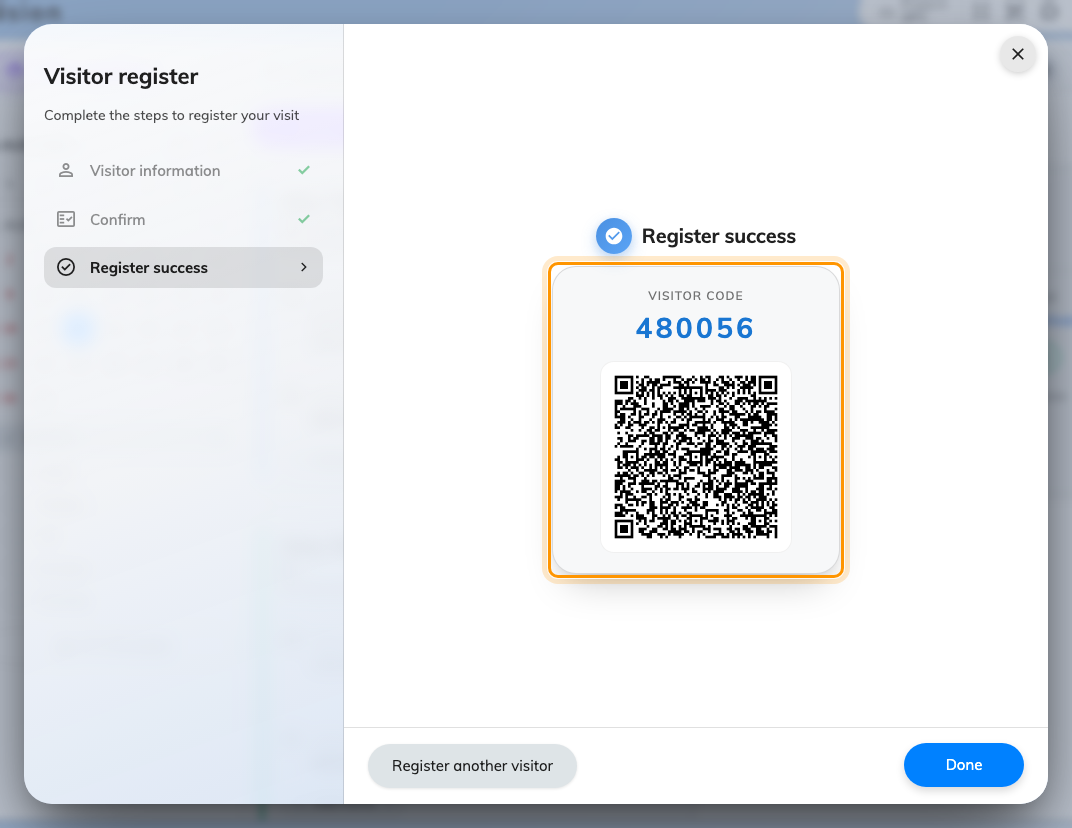 The finished registration, with the visitor code and its QR.
